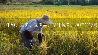 牛奶、豆类、豆制品、绿叶蔬菜、海产品等是（ ）的主要食物来源。